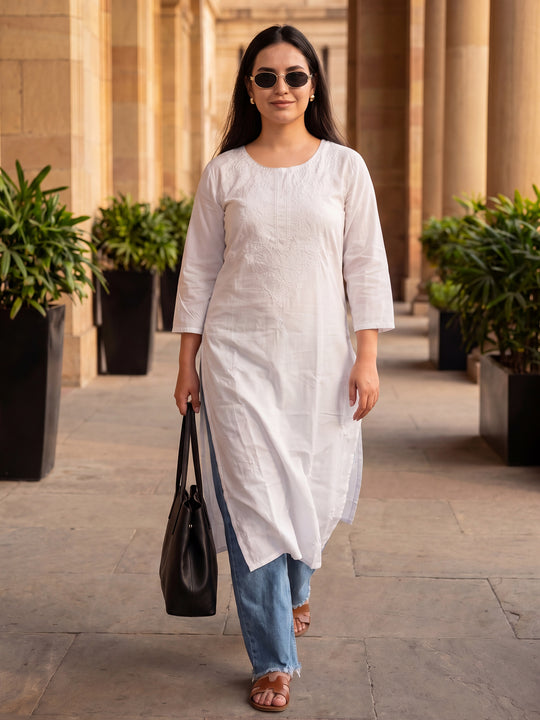 Indo Era White Embroidered Straight Kurtas