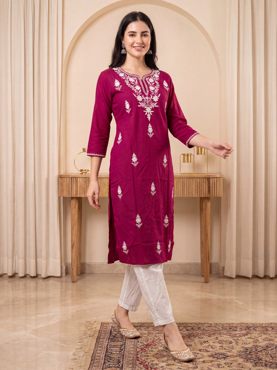 Indo Era Burgundy Embroidered Straight Kurtas