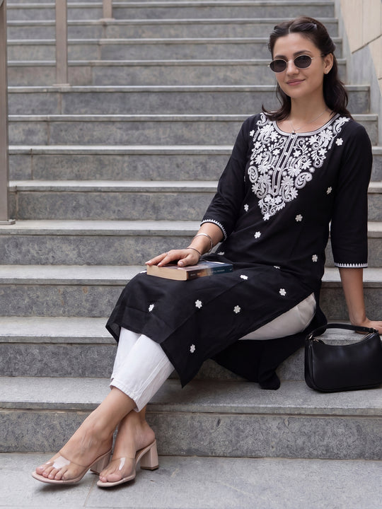 Indo Era Black Embroidered Straight Kurtas