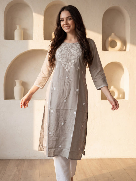 Indo Era Grey Embroidered Straight Kurtas