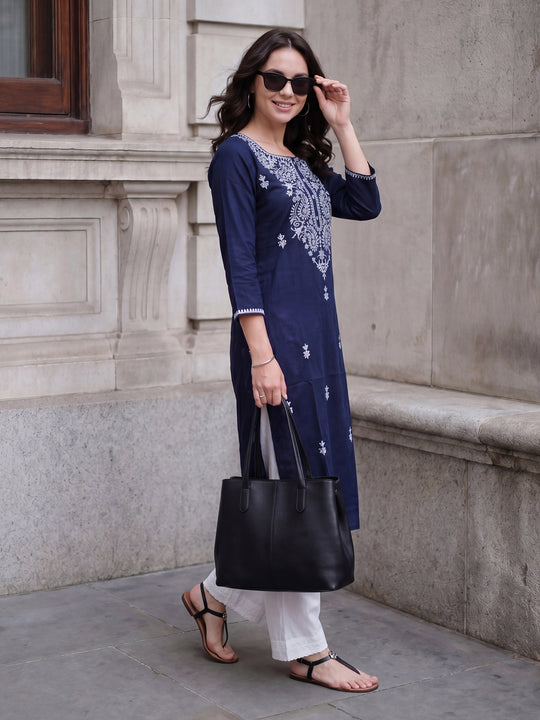 Indo Era Blue Embroidered Straight Kurtas