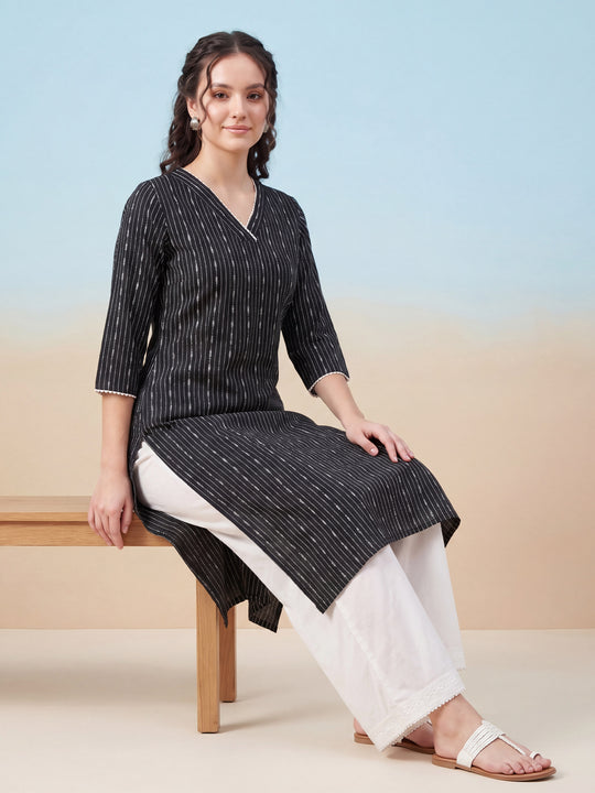 Indo Era Black Printed Straight Kurtas