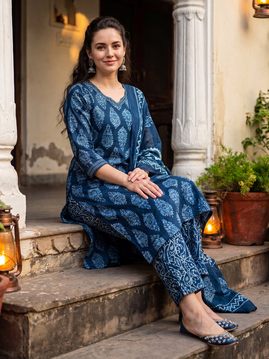 Indo Era Blue Printed Straight Kurta Trousers With Dupatta Set