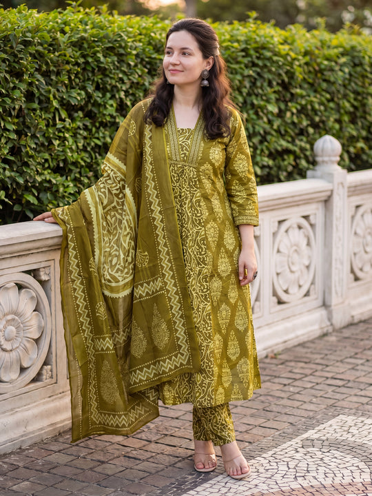 Indo Era Green Printed A-Line Kurta Trousers With Dupatta Set