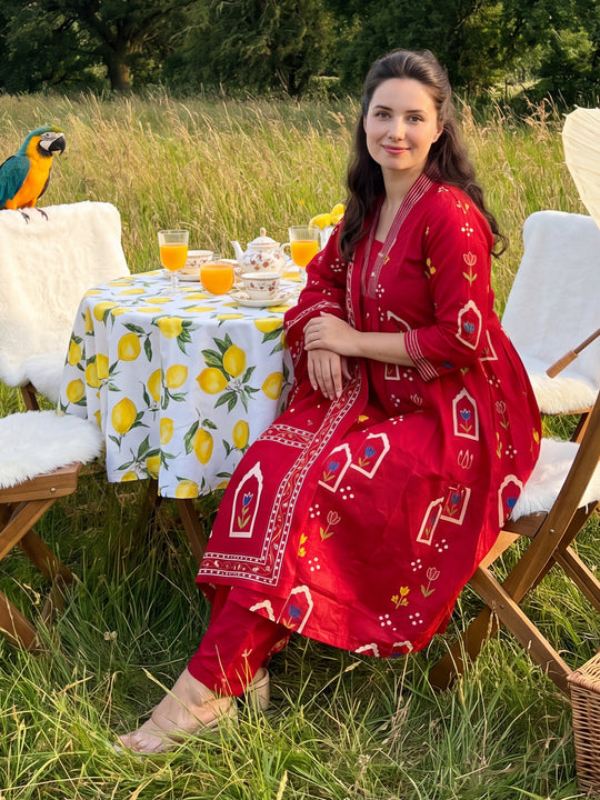 Indo Era Maroon Printed A-Line Kurta Trousers With Dupatta Set
