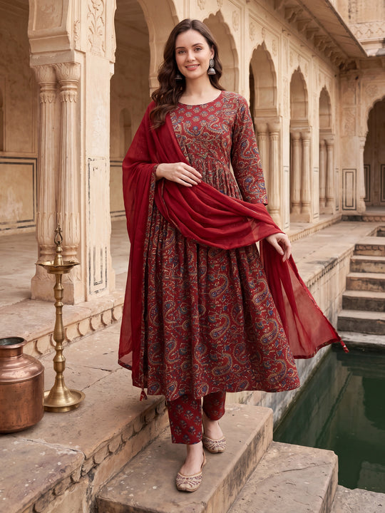 Indo Era Maroon Printed A-Line Kurta Trousers With Dupatta Set