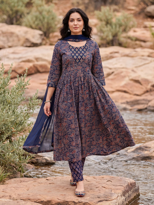 Indo Era Purple Printed A-Line Kurta Trousers With Dupatta Set