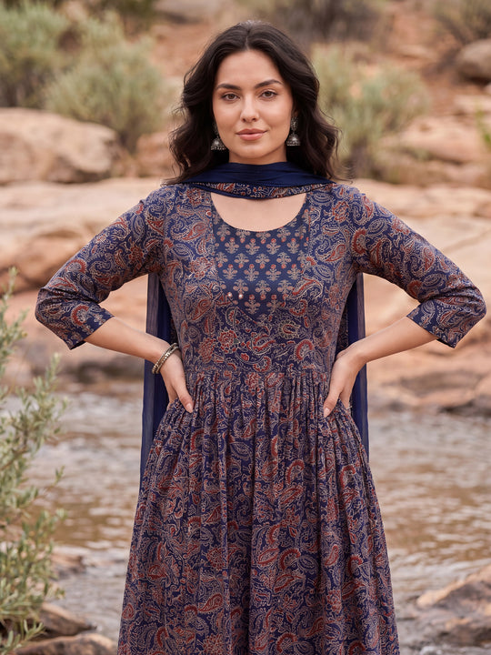 Indo Era Purple Printed A-Line Kurta Trousers With Dupatta Set