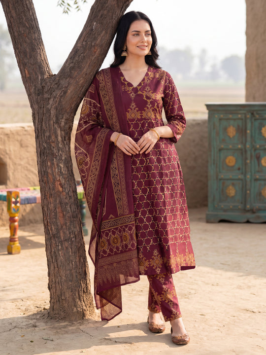 Indo Era Burgundy Printed A-Line Kurta Trousers With Dupatta Set