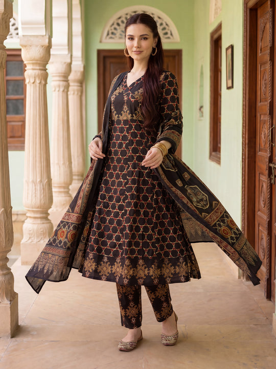 Indo Era Black Printed A-Line Kurta Trousers With Dupatta Set