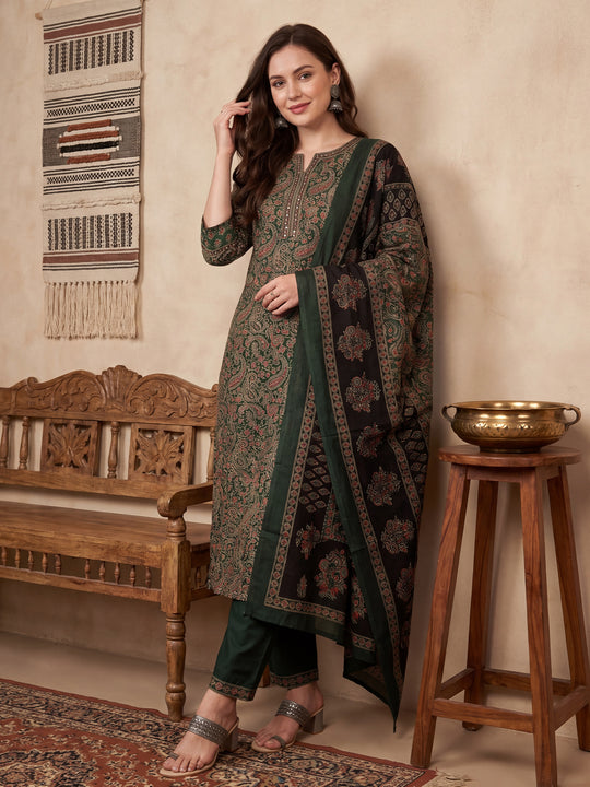 Indo Era Green Printed Straight Kurta Trousers With Dupatta Set