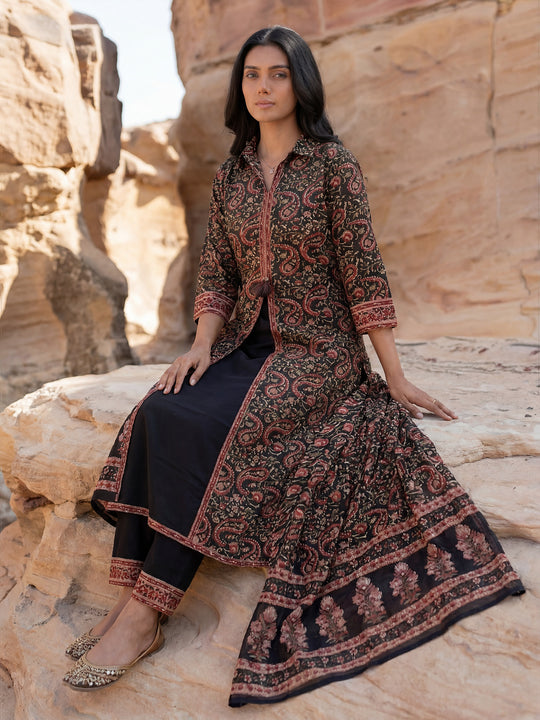 Indo Era Black Printed A-Line Kurta Trousers With Dupatta Set