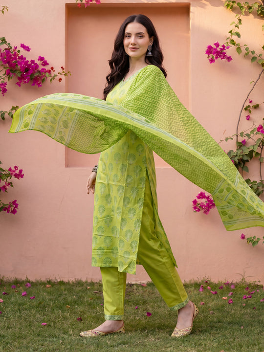 Indo Era Green Printed Straight Kurta Trousers With Dupatta Set