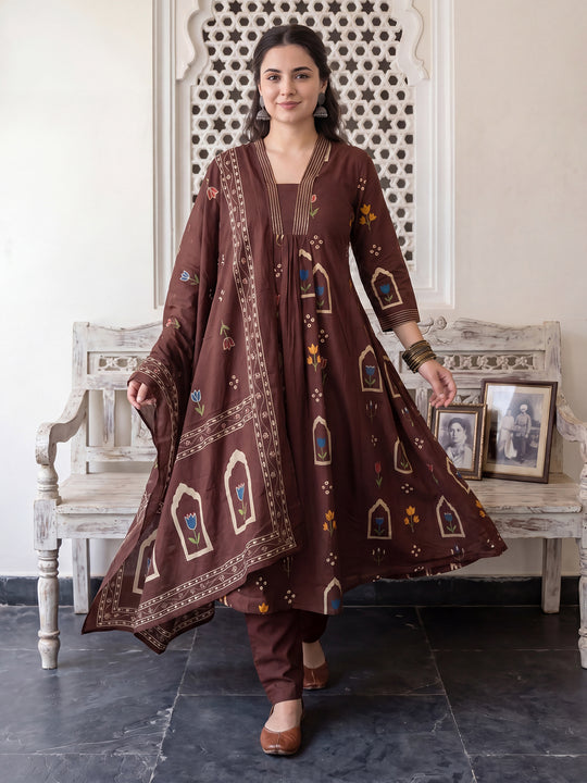 Indo Era Brown Printed A-Line Kurta Trousers With Dupatta Set