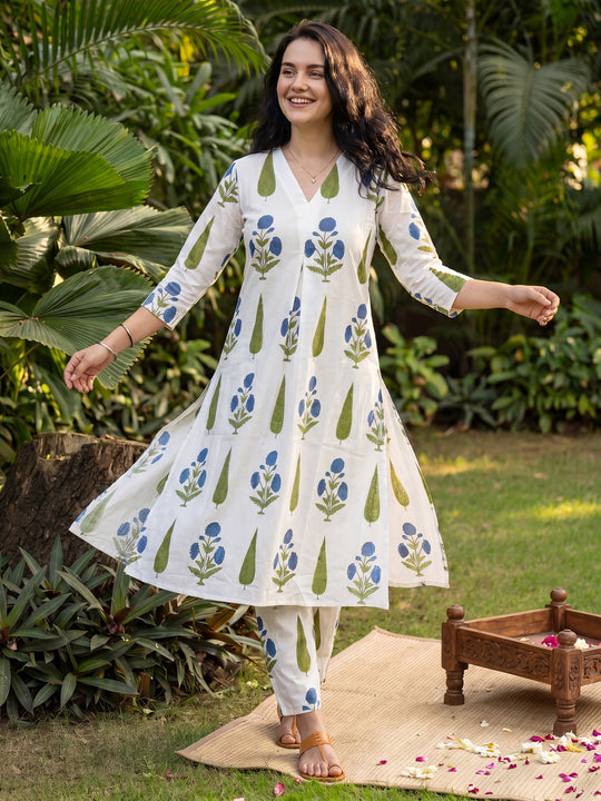 Indo Era White Printed A-Line Kurta Trousers Set