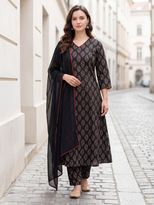 Indo Era Black Printed A-Line Kurta Trousers With Dupatta Set
