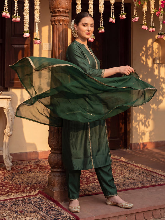 Indo Era Green Woven Design A-Line Kurta Trousers With Dupatta Set