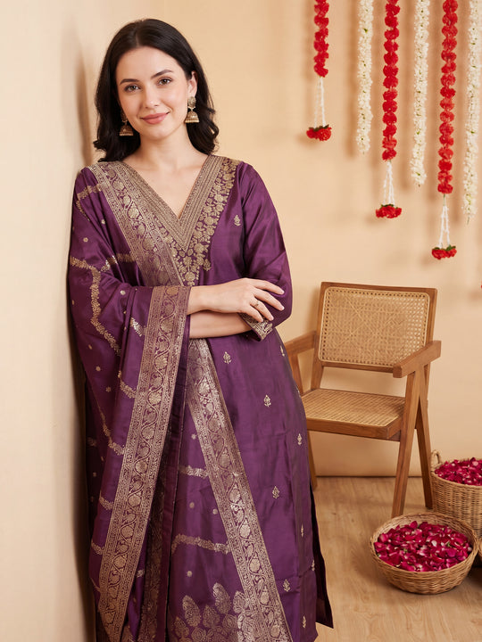 Indo Era Purple Embroidered Straight Kurta Trousers With Dupatta Set