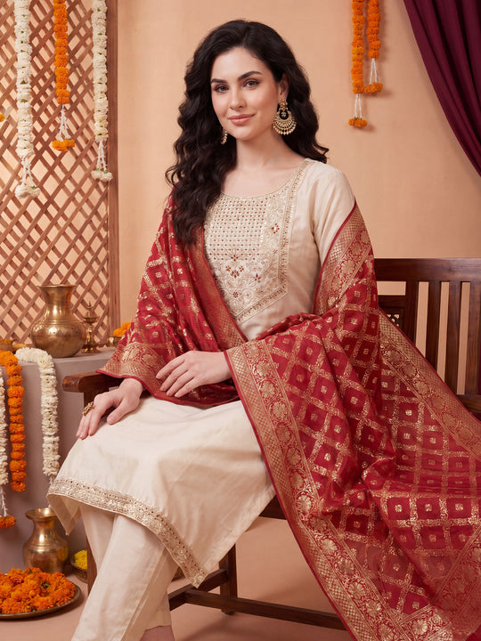 Indo Era Off White Embroidered Straight Kurta Trousers With Dupatta Set