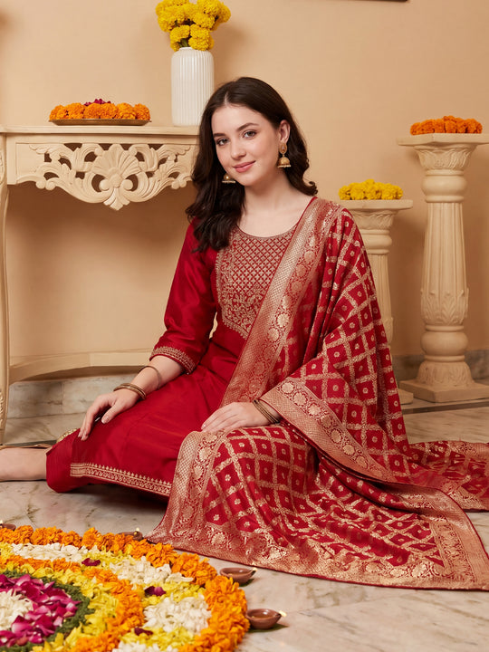 Indo Era Maroon Embroidered Straight Kurta Trousers With Dupatta Set
