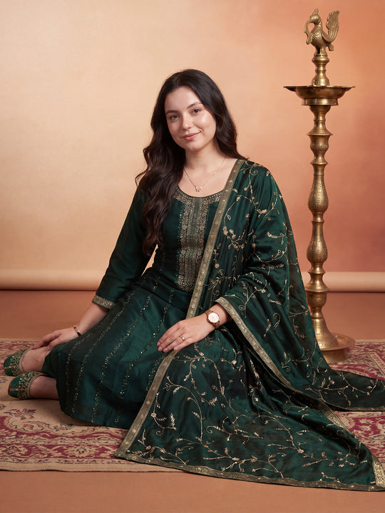 Indo Era Green Embroidered Straight Kurta Trousers With Dupatta Set