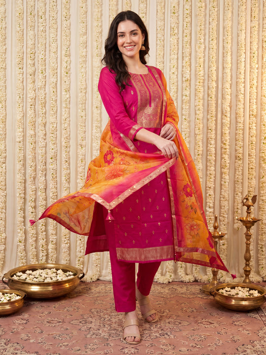 Indo Era Pink Woven Design Straight Kurta Trousers With Dupatta Set
