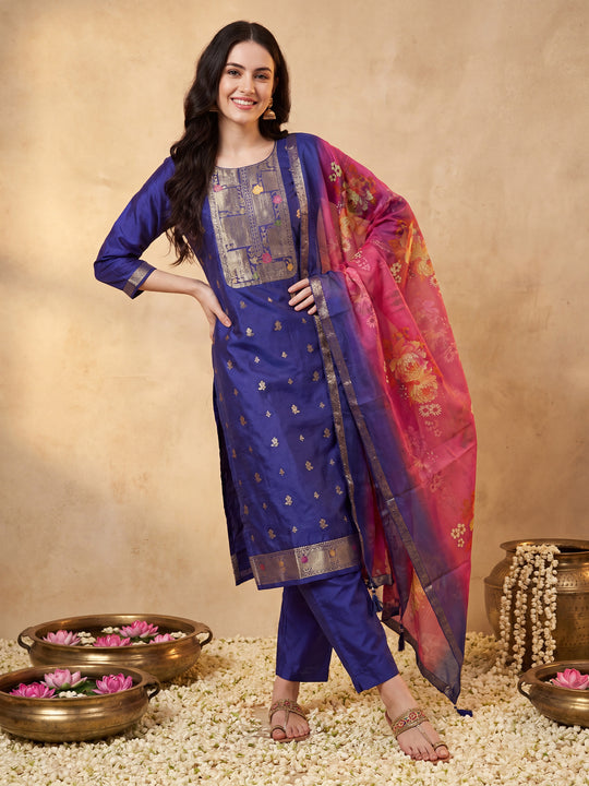 Indo Era Purple Woven Design Straight Kurta Trousers With Dupatta Set