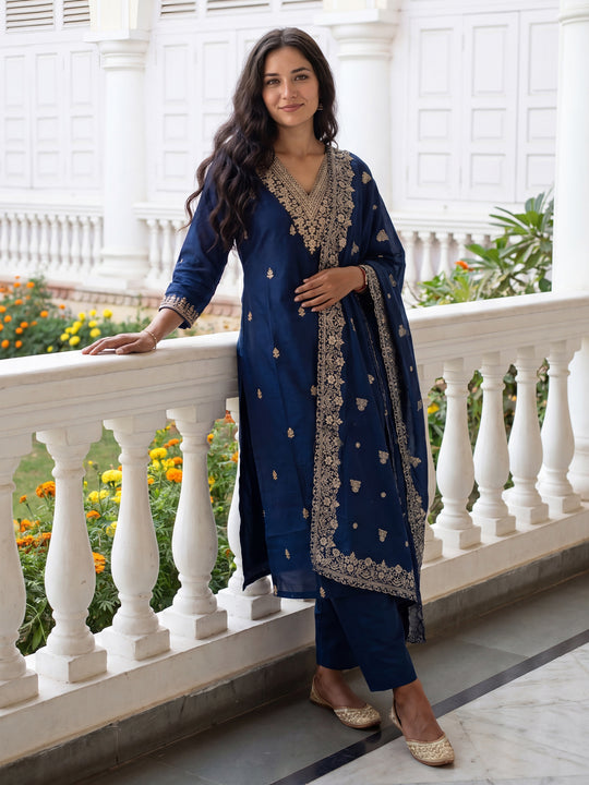 Indo Era Blue Embroidered Straight Kurta Trousers With Dupatta Set