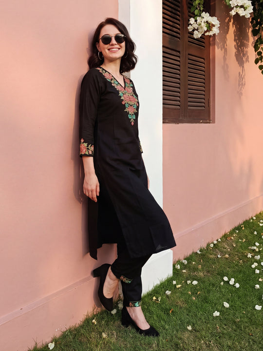Indo Era Black Embroidered Straight Kurta Trousers Set