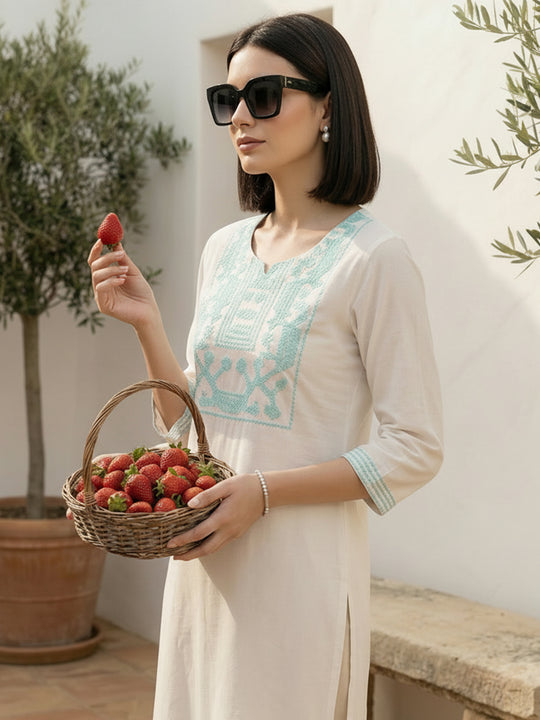 Indo Era White Embroidered Straight Kurtas