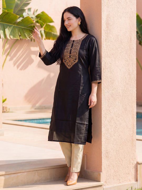 Indo Era Black Embroidered Straight Kurtas