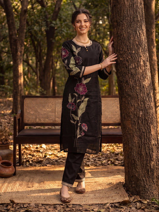 Indo Era Black Embroidered Straight Kurta Trousers Set