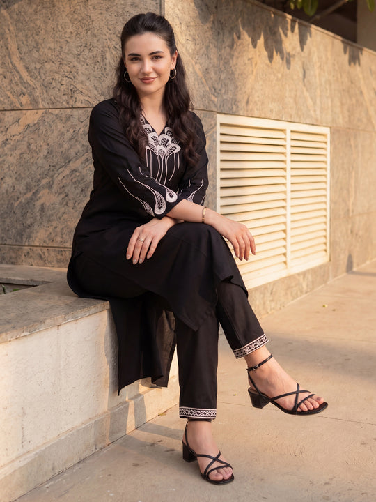 Indo Era Black Embroidered Straight Kurta Trousers Set
