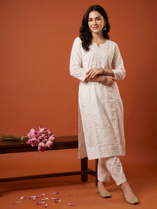 Indo Era White Embroidered Straight Kurta Trousers Set