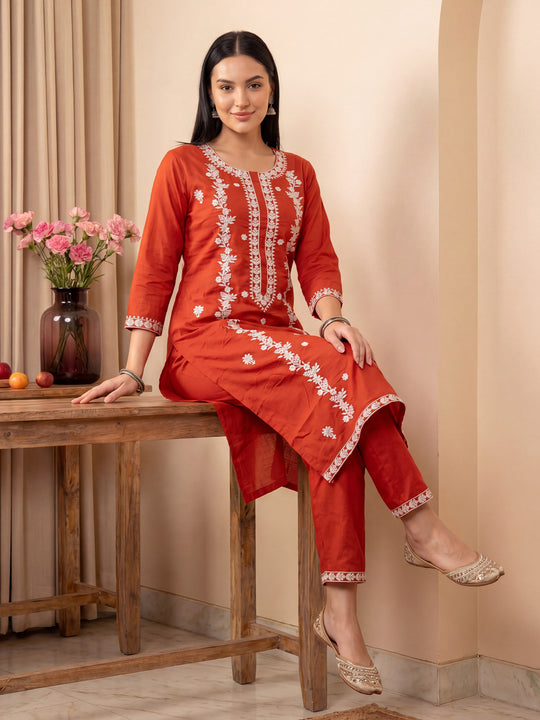 Indo Era Rust Embroidered Straight Kurta Trousers Set