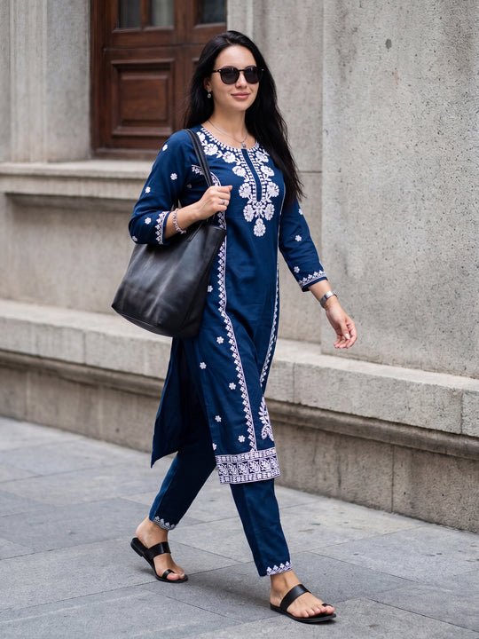 Indo Era Blue Embroidered Straight Kurta Trousers Set