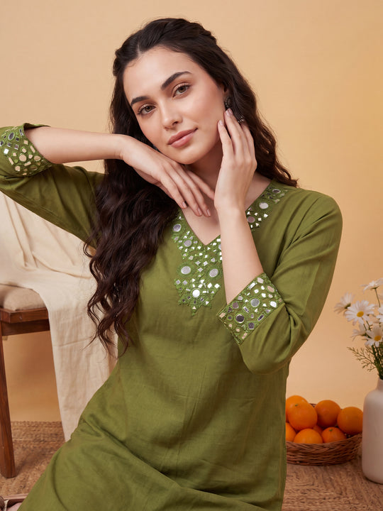Indo Era Green Embroidered Straight Kurta Trousers Set