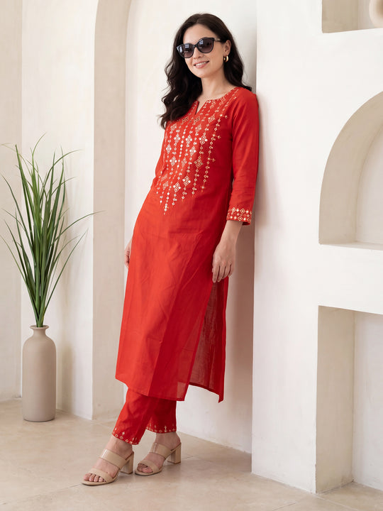 Indo Era Rust Embroidered Straight Kurta Trousers Set
