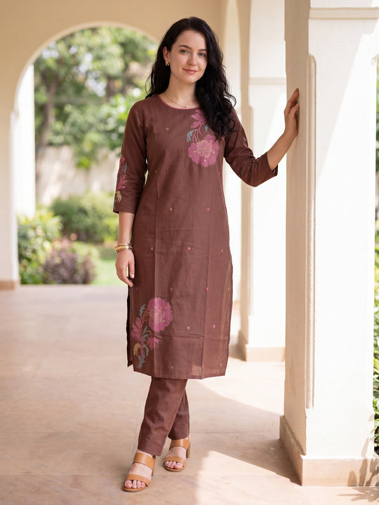 Indo Era Brown Embroidered Straight Kurta Palazzos Set