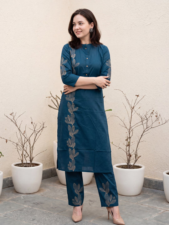 Indo Era Blue Embroidered Straight Kurta Trousers Set