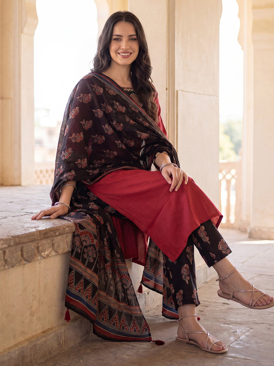 Indo Era Maroon Printed Straight Kurta Trousers With Dupatta Set