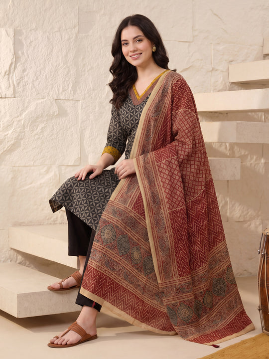 Indo Era Black Printed Straight Kurta Trousers With Dupatta Set
