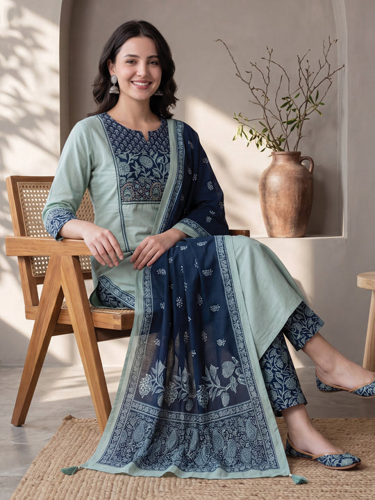 Indo Era Sea Green Printed Straight Kurta Palazzos With Dupatta Set