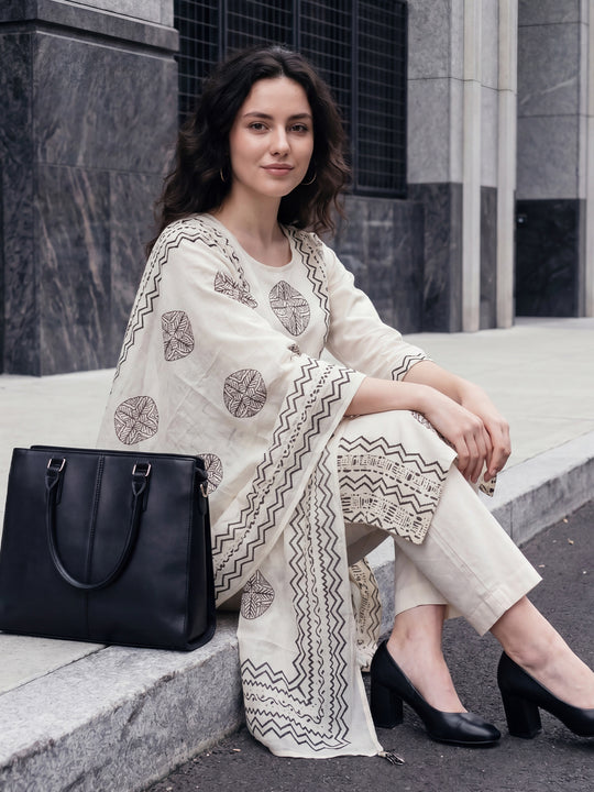Indo Era Off White Printed Straight Kurta Trousers With Dupatta Set