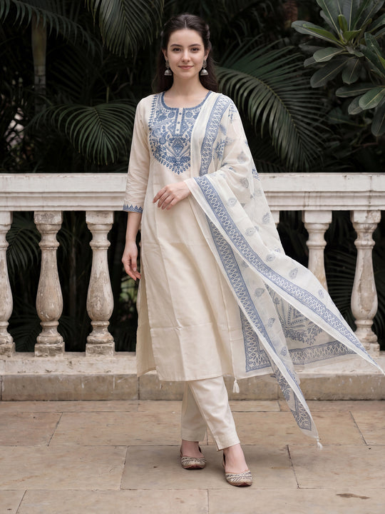 Indo Era Off White Embroidered Straight Kurta Trousers With Dupatta Set