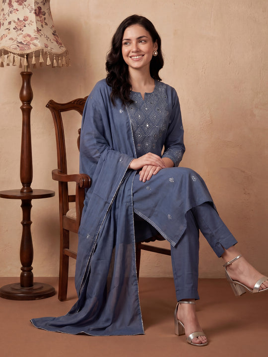 Indo Era Blue Embroidered Straight Kurta Trousers With Dupatta Set