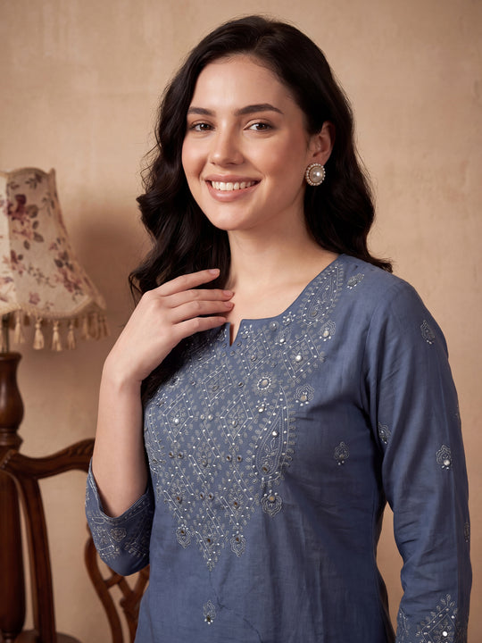 Indo Era Blue Embroidered Straight Kurta Trousers With Dupatta Set