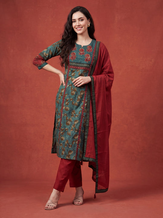 Indo Era Green Printed Straight Kurta Trousers With Dupatta Set
