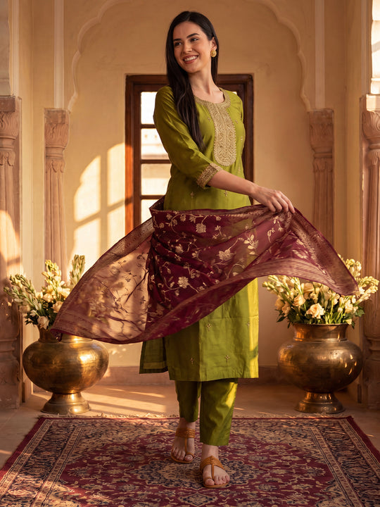 Indo Era Green Embroidered Straight Kurta Trousers With Dupatta Set