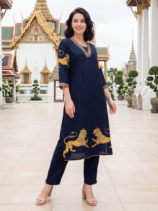 Indo Era Blue Printed A-Line Kurta Trousers Set